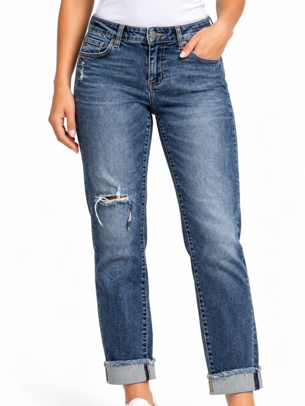 KUT From The Kloth Asher Jeans Women 12 Ankle Straight Distressed Raw Hem Cuffed